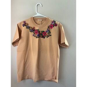 Vintage Floral T-Shirt Women's Beige Short Sleeve Top 90s Retro Grandmacore
